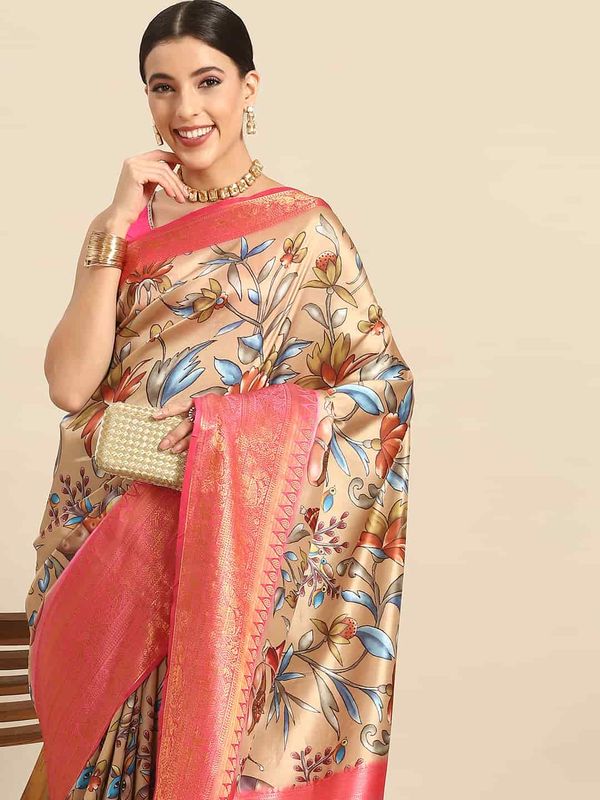 Beige Women's Kalamkari Woven Silk Saree