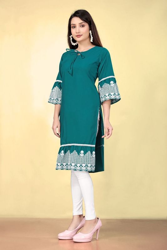 Rama Cotton Fabric Thread Embroidery Work Kurti For Formal Looks