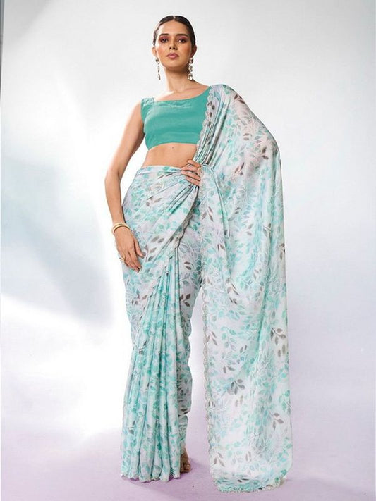 Sea Green Color Satin Georgette Fabric  Designer Printed Graceful Bollywood Style Party Saree