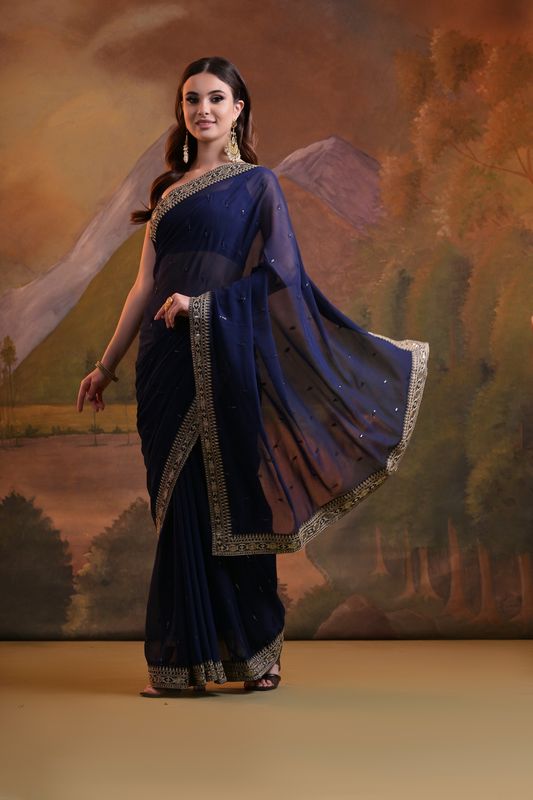 Blue Sequance Butti Embroidery Work Georgette Saree