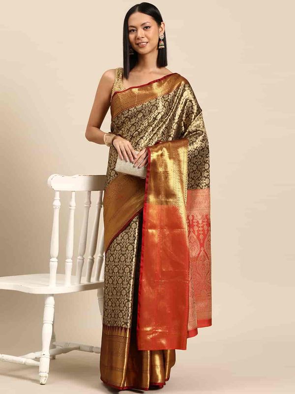 Black Floral Zari Art Silk Brocade Saree