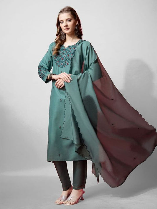 Teal Green Color Cotton Blend Readymade Dress With Designer Embroidery Work