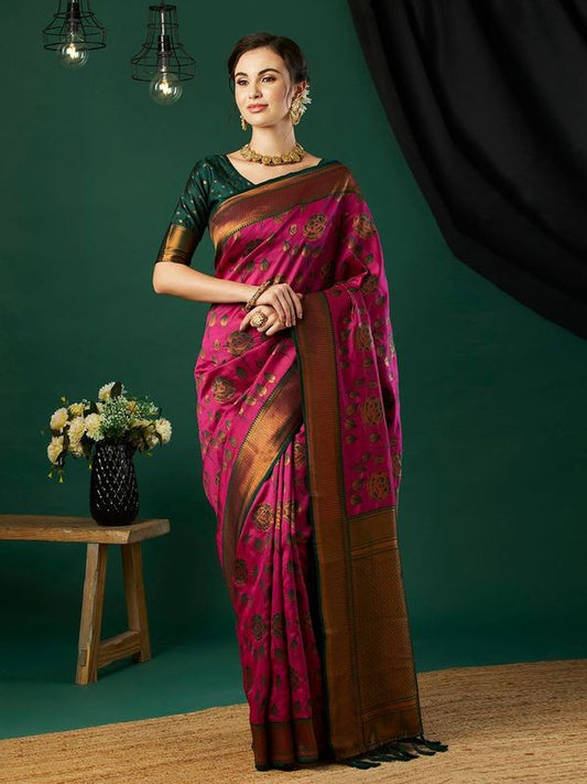 Pink Color Ethnic Banarasi Silk Saree With Floral Woven Designer Looks