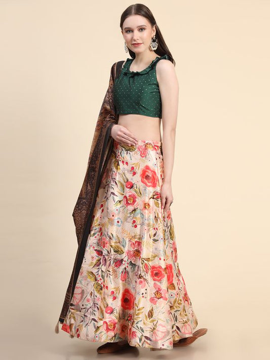 Digital Print Satin Silk Fabric Stitched Lehenga Choli With Jequared Blouse and Assami Silk Thread Work Dupatta For Women and Girls In Festive Party And Traditional Wear