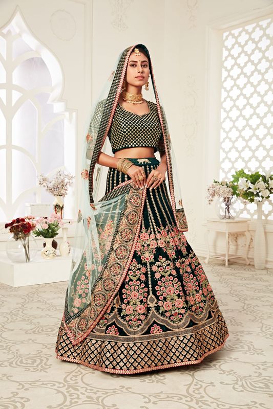 Green Women's Velvet Embroidery Lehenga Choli