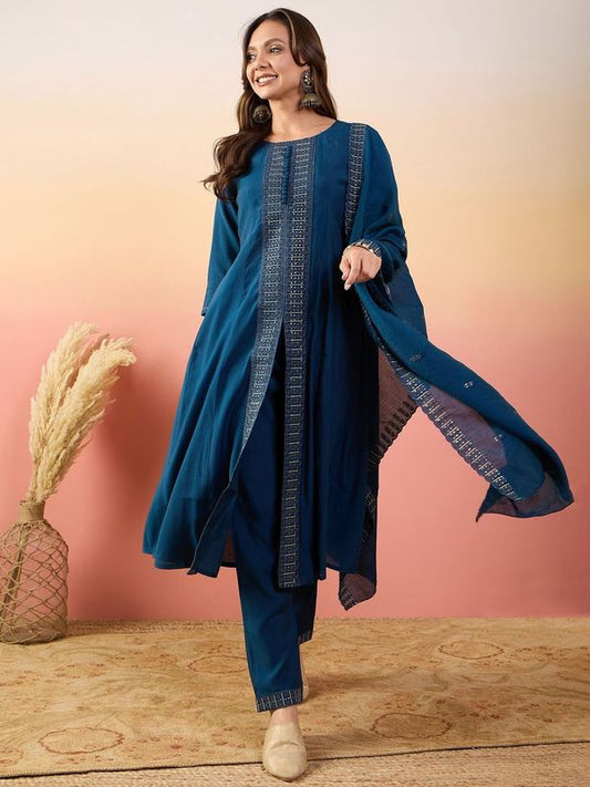 Blue Color Beautiful Woven Silk Readymade Suit with Festive Thread Embroidery Work