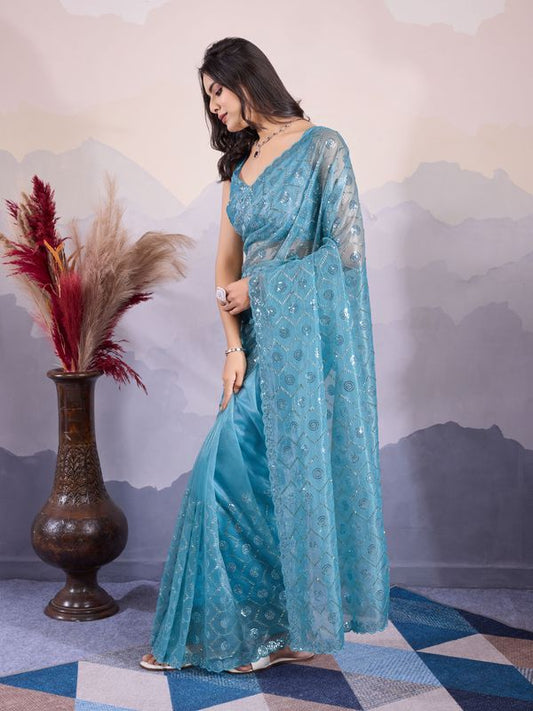 Blue Designer Sequance Embroidery Work Twill Net Saree