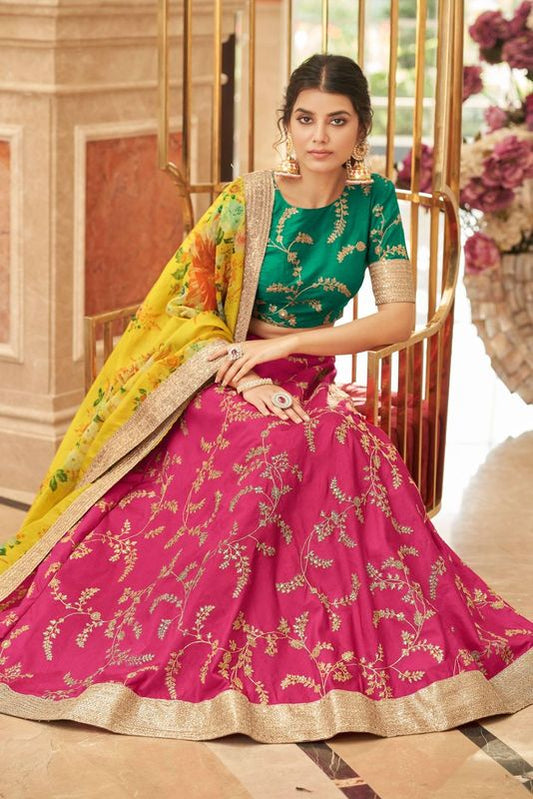 Pink and Yelllow Women's Art Silk Embroidery Lehenga Choli