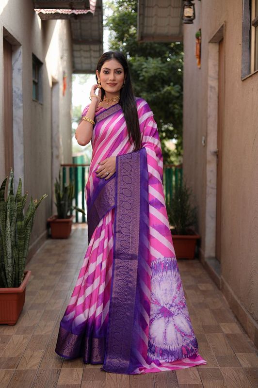 Pink Wevon Jari Designer & Digital Printed Dola Silk Saree