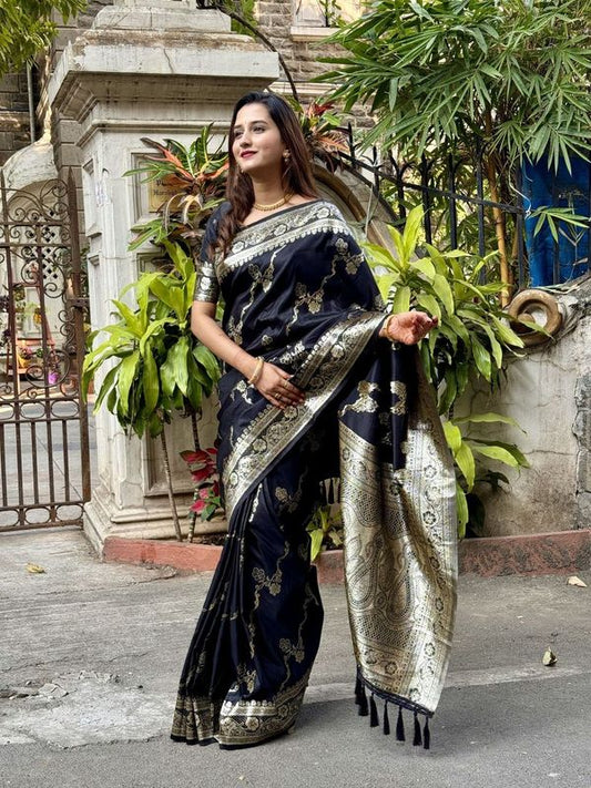 Black Color  Wevon Jacquard Jari Designer Banarasi Silk Festive Ceremonial Saree