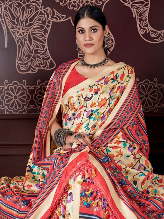 Cream Color Beautiful Designer Digital Printed Pashmina Saree With Shawl