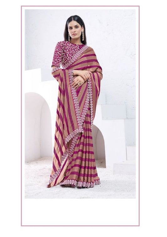 Brown & Purple Moti with Wand Work Pattern Georgette Saree