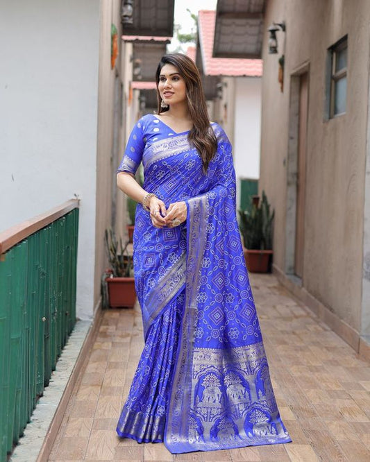 Blue Kanchi Wevon Jari Designer & Bandhej Printed Dola Silk Saree