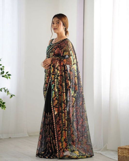 Black Color Mono Net Beautiful Bollywood Saree With Designer Sequins Work