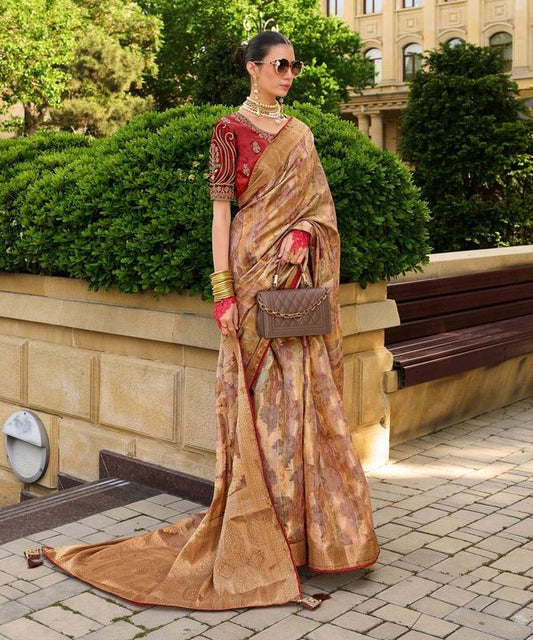 Rust Orange Wevon Designer & Embroidery Work Jacquard Silk Saree