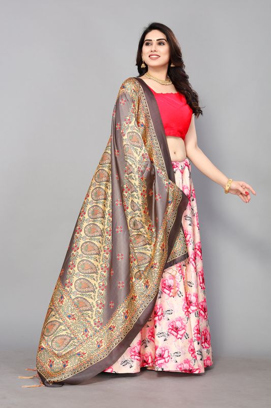 Digital Print Satin Silk Fabric Stitched Lehenga Choli With Jequared Blouse and Assami Silk Thread Work Dupatta For Women and Girls In Festive Party And Traditional Wear