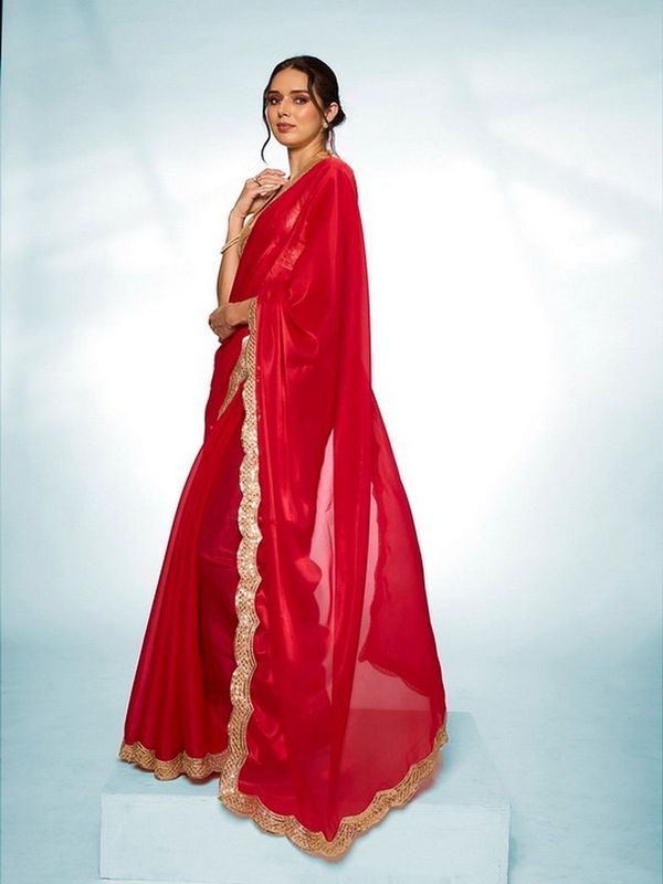 Glamorous Red Color Jimmy Choo Fabric Trendy Designer Bollywood Saree