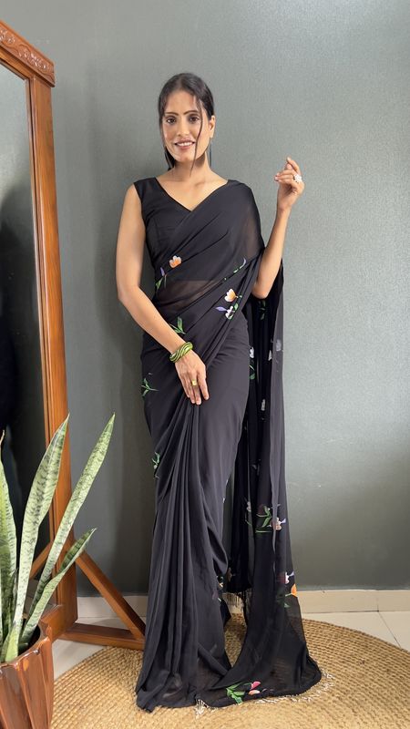 Black Color Faux Georgette Ready To Wear Designer Hand Printed Saree