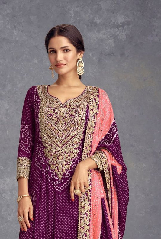 Purple Chinon Fabric Bandhani Printed Palazzo Dress With Designer Embroidery Work