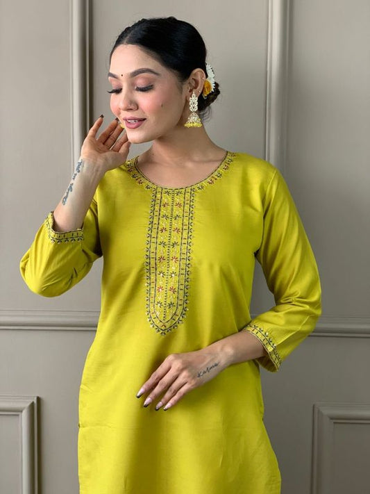 Mustard Chanderi Cotton Straight Kurta