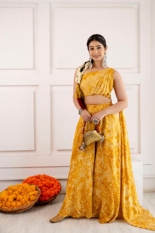 Yellow Printed Drape dupatta Set