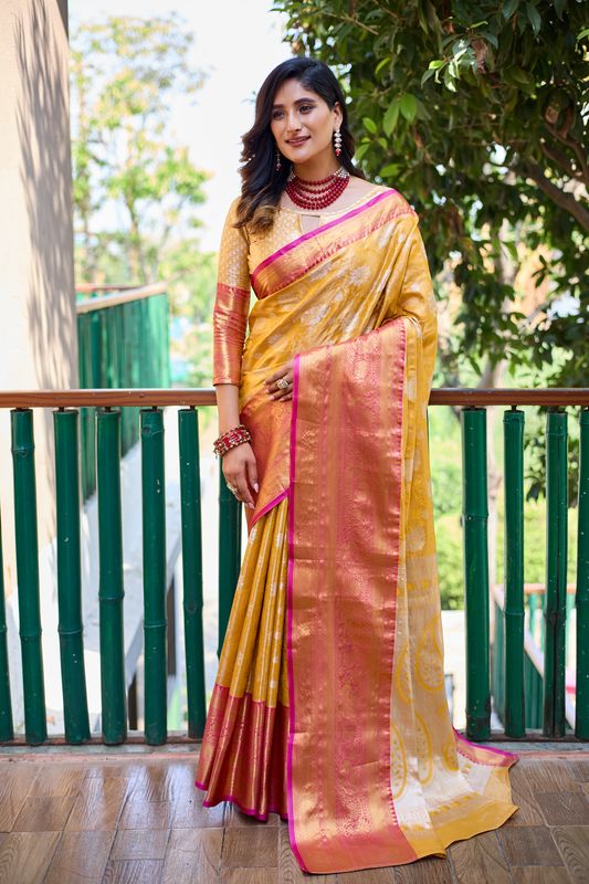 Yellow Wevon Jari Designer Banarasi Handloom Silk Saree