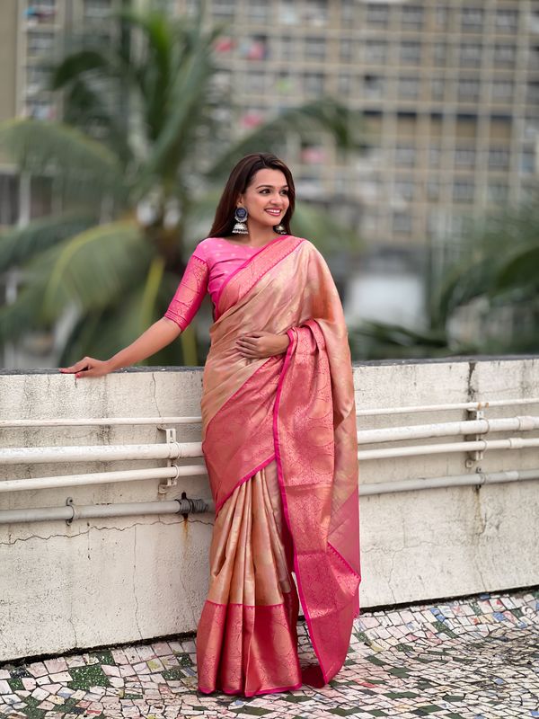 Peach Color Tissue Silk Weaving Jari Designer Traditional Saree