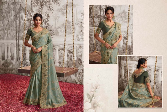 Pista Green Heavy Designer Embroidery Work Dola Viscose Silk Saree