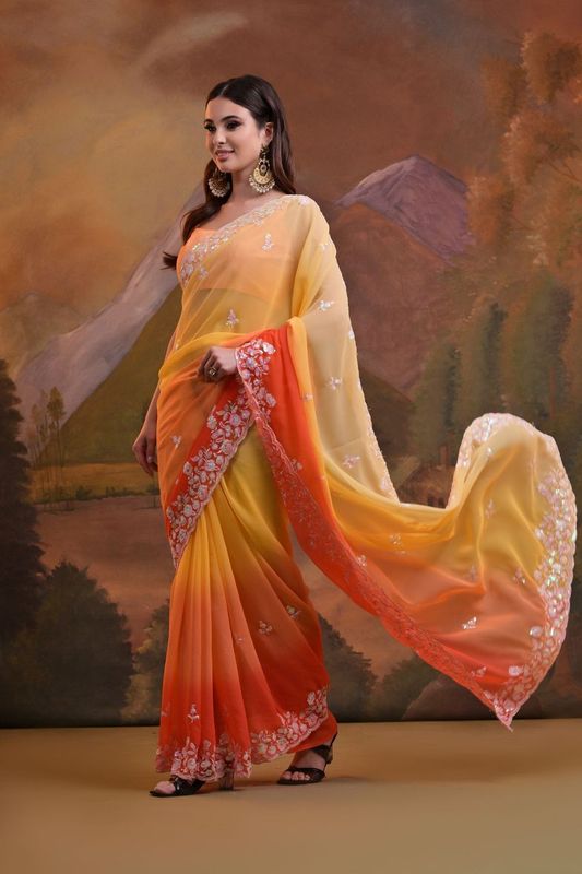 Yellow Pedding & Sequance Embroidery Work Georgette Saree