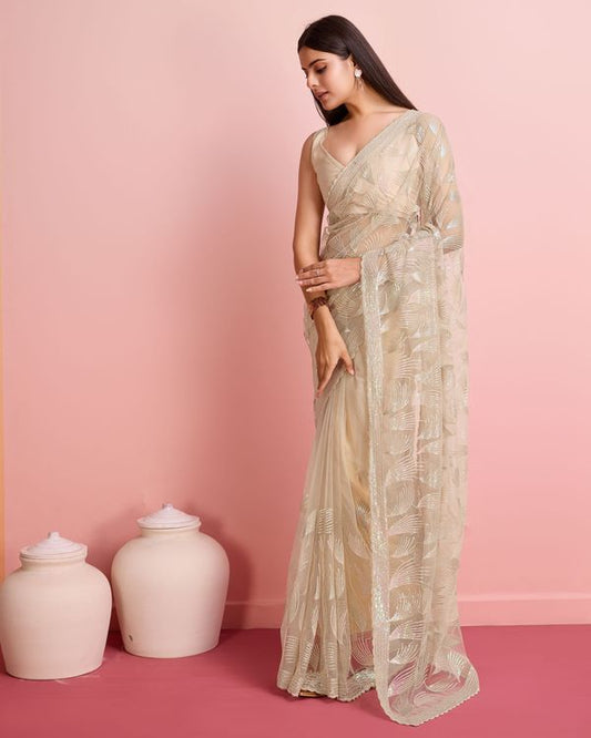 Beige Sequance Embroidery Work Soft Net Saree