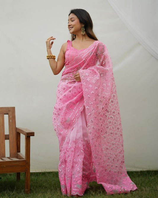 Pink Sequance & Thread Embroidery Work Organza Saree