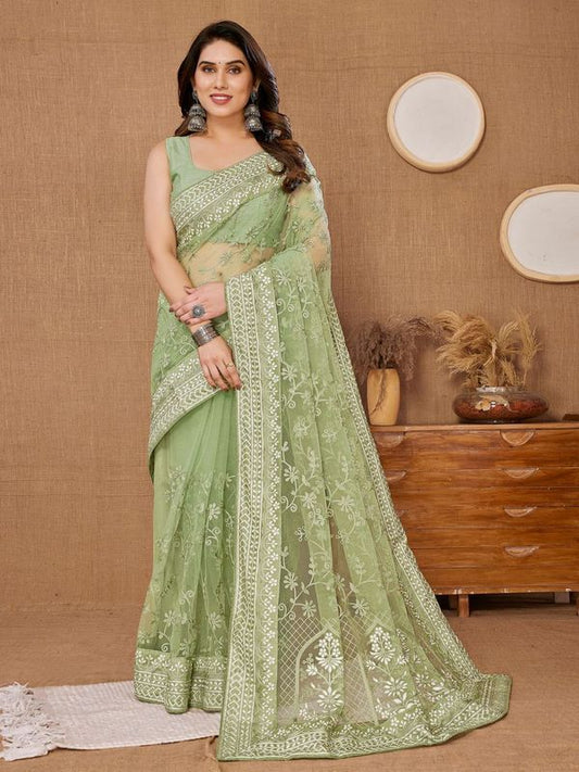 Pista Designer Thread Embroidery Work Soft Net Saree