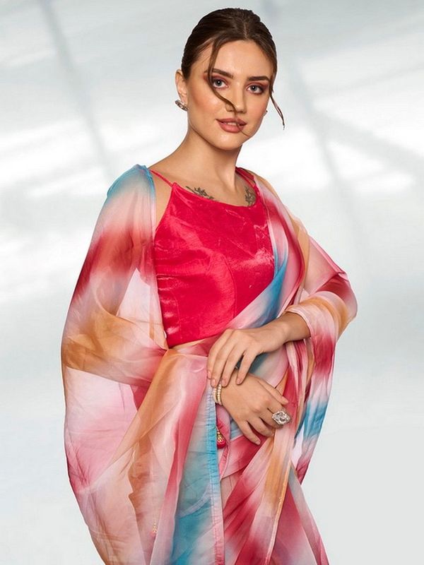 Multy Color Organza Fabric Designer Printed Graceful Bollywood Style Party Saree