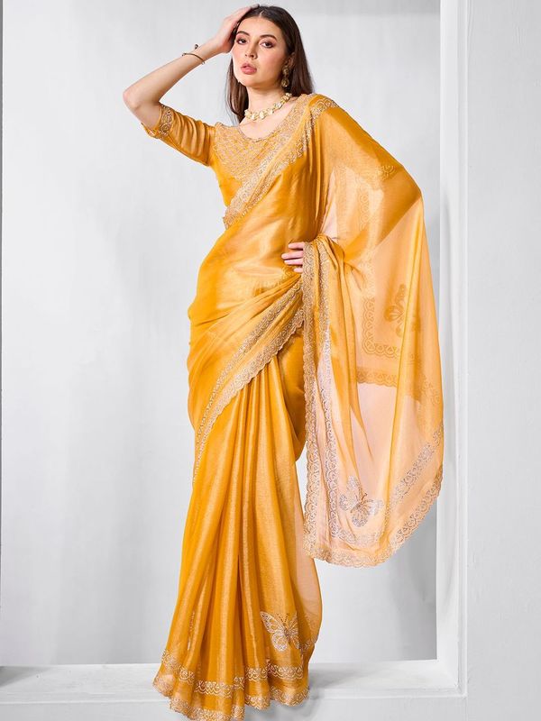 Yellow Color Burburry Fabric Bollywood Style Swarovski  Designer Work Evening Party Saree
