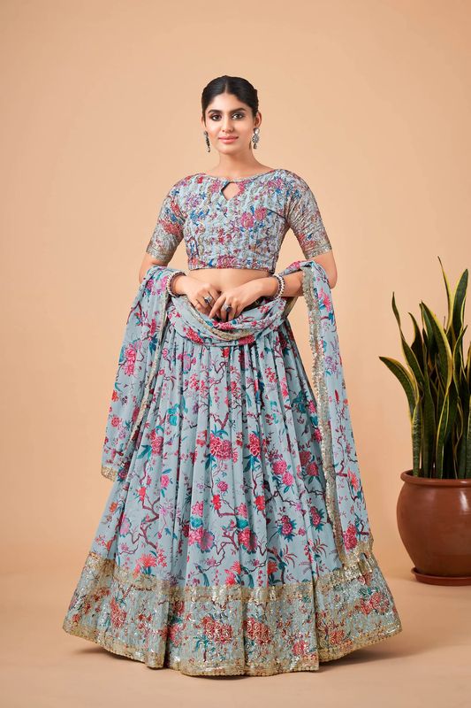 Digital Print Satin Silk Fabric Stitched Lehenga Choli With Jequared Blouse and Assami Silk Thread Work Dupatta For Women and Girls In Festive Party And Traditional Wear