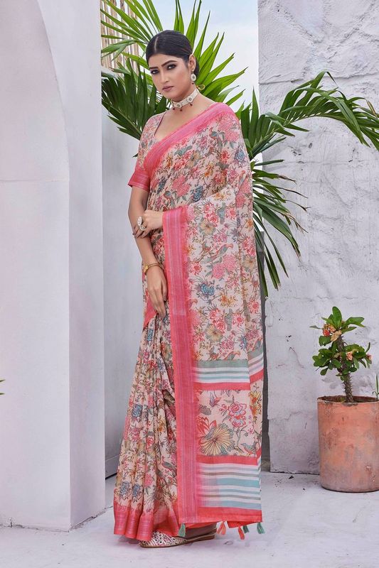 Off White Color Linen Blend Digital Printed Designer For Graceful Festive Looks