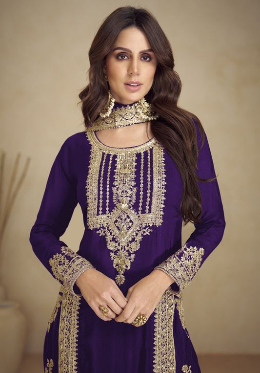 Purple Color Georgette Fabric Heavy Embroidered Zari Work Wedding Wear Salwar Kameez