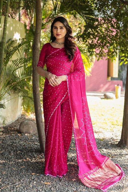 Pink Wevon Jari Pallu Designer & Bandhej Printed Silk Saree