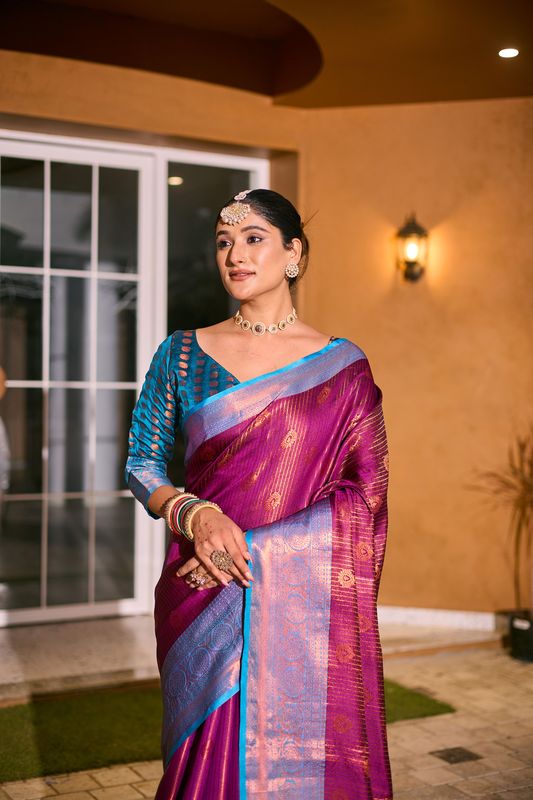 Purple Wevon Jari Designer Kanchi Silk Saree