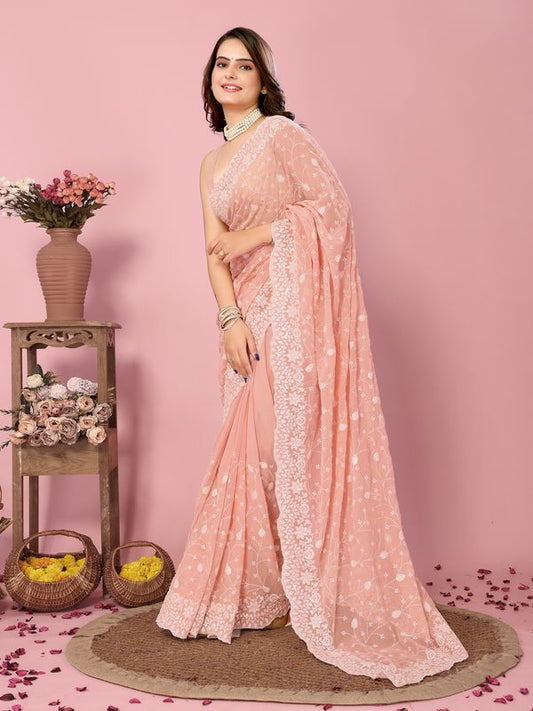 Peach Thread & Sequance Embroidery Work Georgette Saree