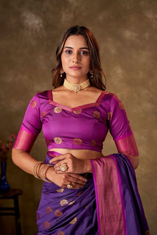 Purple Cotton Woven Saree and Stitched Pink Blouse