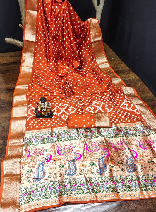 Orange Dola Silk Wevon Pallu Border Designer Saree With Traditional Bandhej Printed