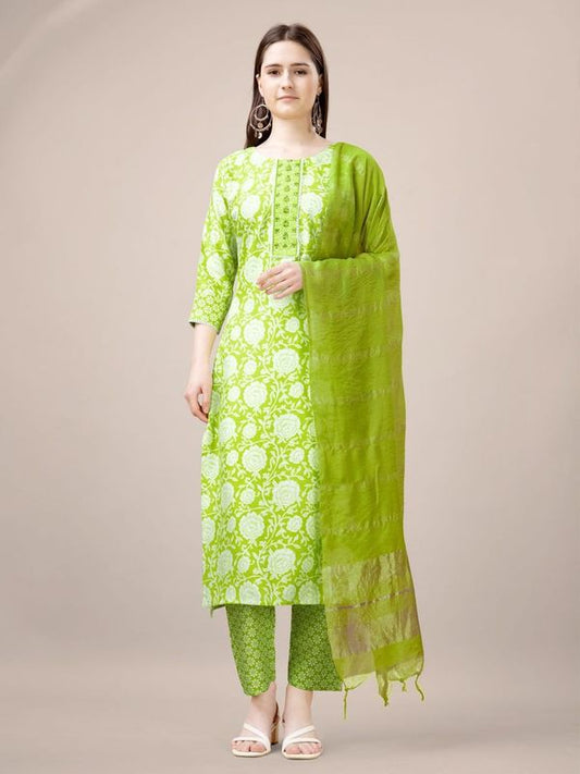 Parrot Green Color Rayon Fabric Designer Printed Readymade Suits With Smart Embroidery Work