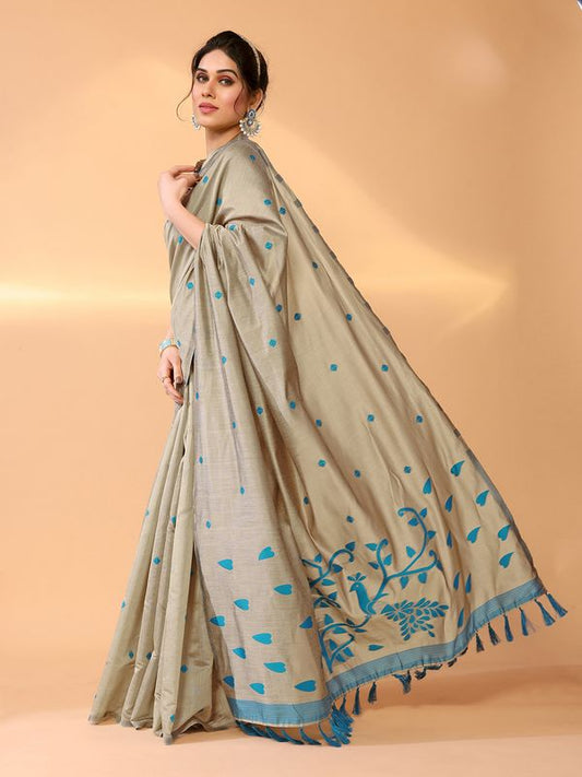 Beige Wevon Jari Designer Chanderi Silk Saree