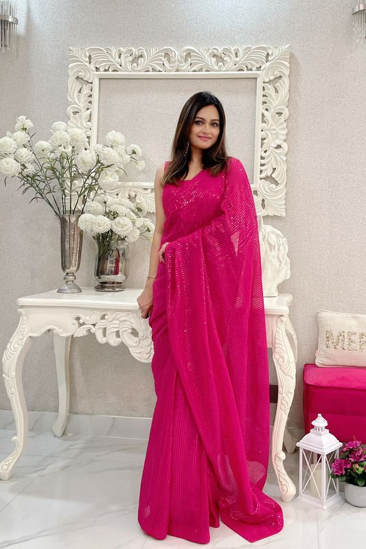 Pink Georgette Heavy Sequance Embroidery Work Bollywood Party Style Celebrity Style Girlie Fancy Saree