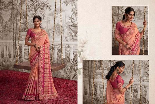 Peach & Pink Heavy Designer Embroidery Work Dola Viscose Silk Saree