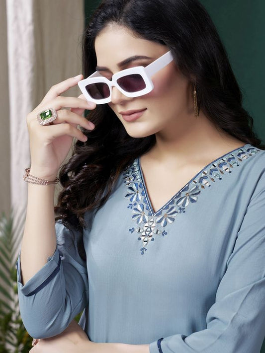 Blue Color Formal Looking Kurti With Maaza Cotton Hand Work With Pocket