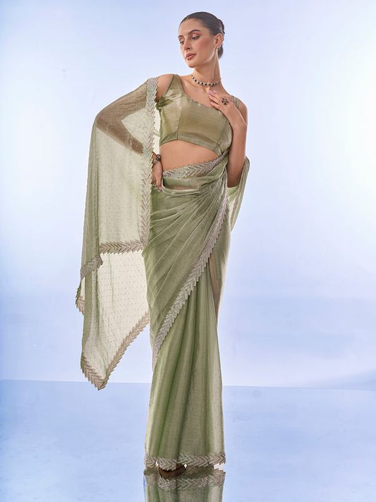 Pista Designer Work Lace Border & Swarovski Work Burburry Saree