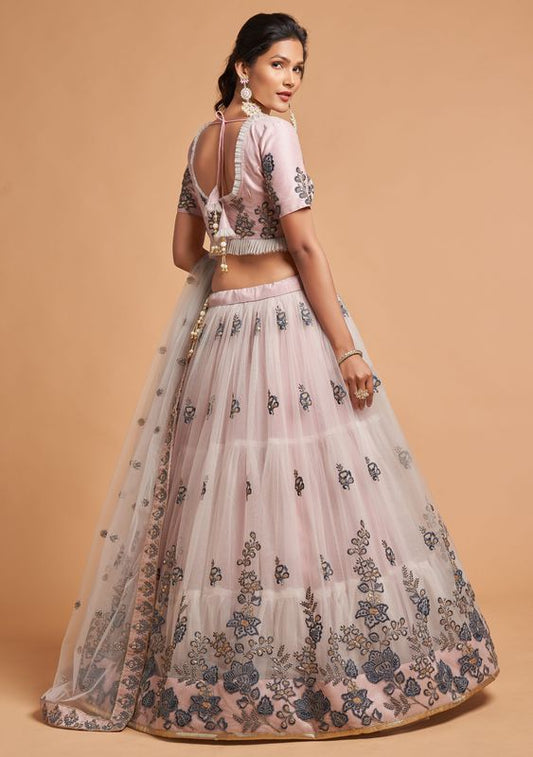 Grey Women's Soft Net Embroidery Lehenga Choli