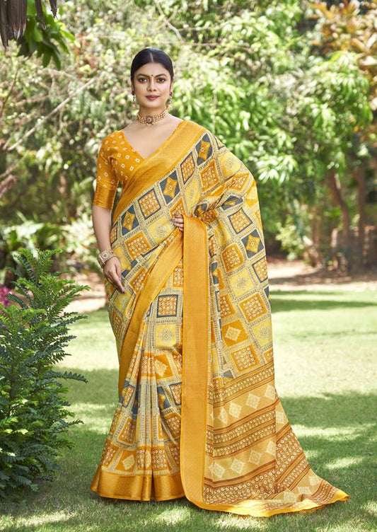 Yellow Wevon Border Designer With Printed Kalamkari Silk Saree